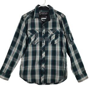 Surplus M Long Sleeve‎ Pocket Front Button Up Green Black Plaid Skater Grunge